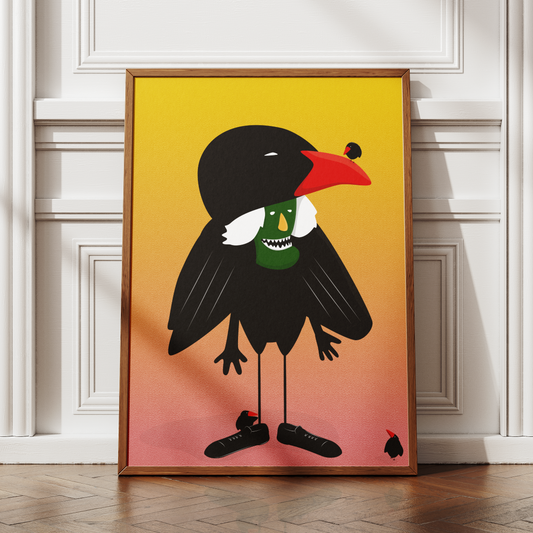 Framed artwork of a stylized bird with a colorful gradient background on a wall.