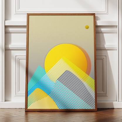Framed abstract art with geometric shapes on a wall