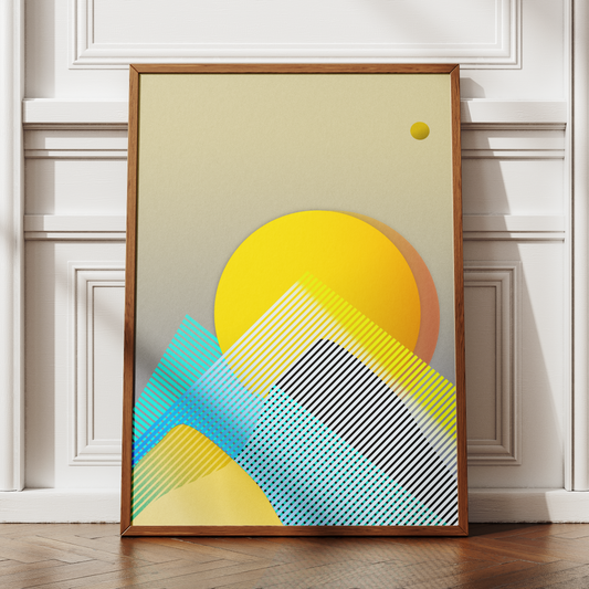Framed abstract art with geometric shapes on a wall