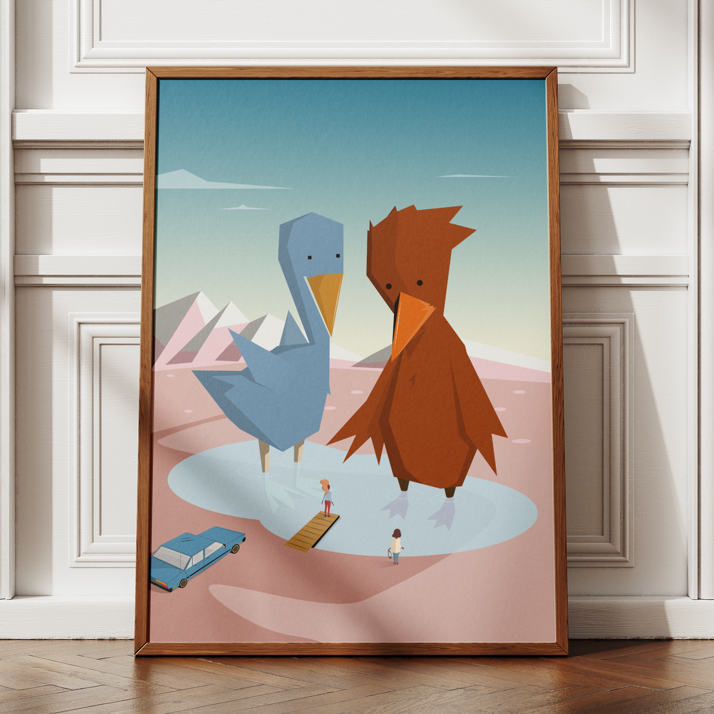 illustration of two cartoon ducks on a mountain landscape in a room with wooden floor and white walls.