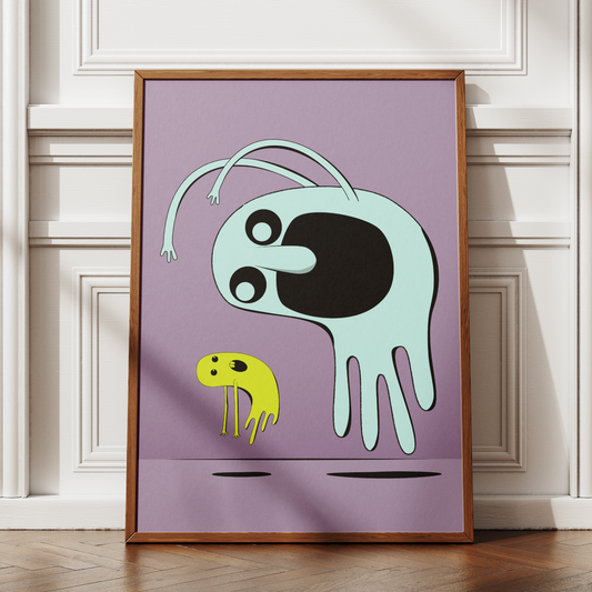 Framed abstract artwork with a stylized creature on a purple background in a room.