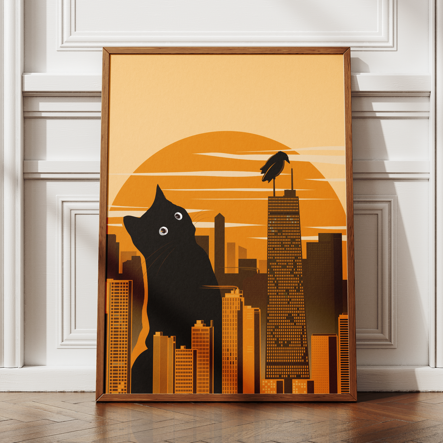 cityscape with a black cat and bird against an orange sunset.