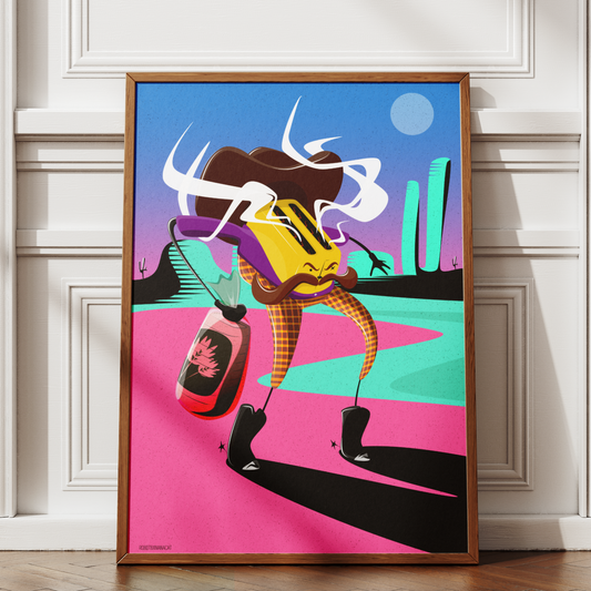 Framed colorful artwork of a cowboy toaster on in the desert in a room with wooden floor and white walls.