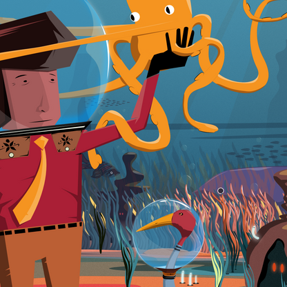 Illustration of a person in a space suit with an octopus on their shoulder, underwater scene with fish and coral.